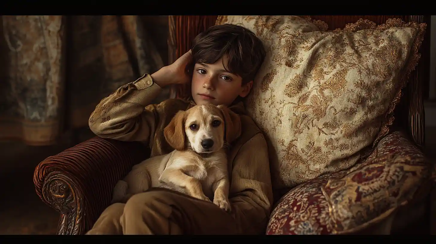 Boy and puppy sitting quietly on a velvet sofa