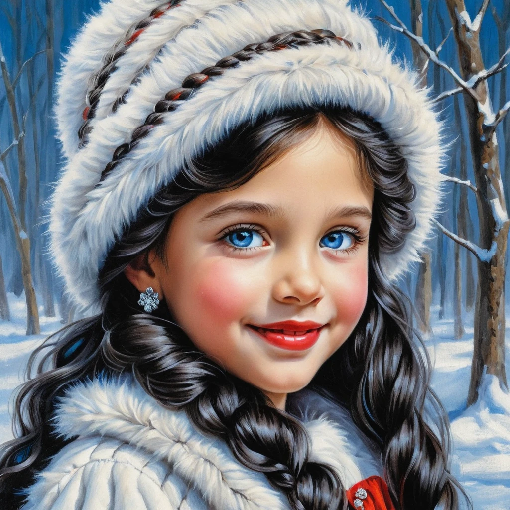 Smiling Winter Girl In White Fur Coat Illustration