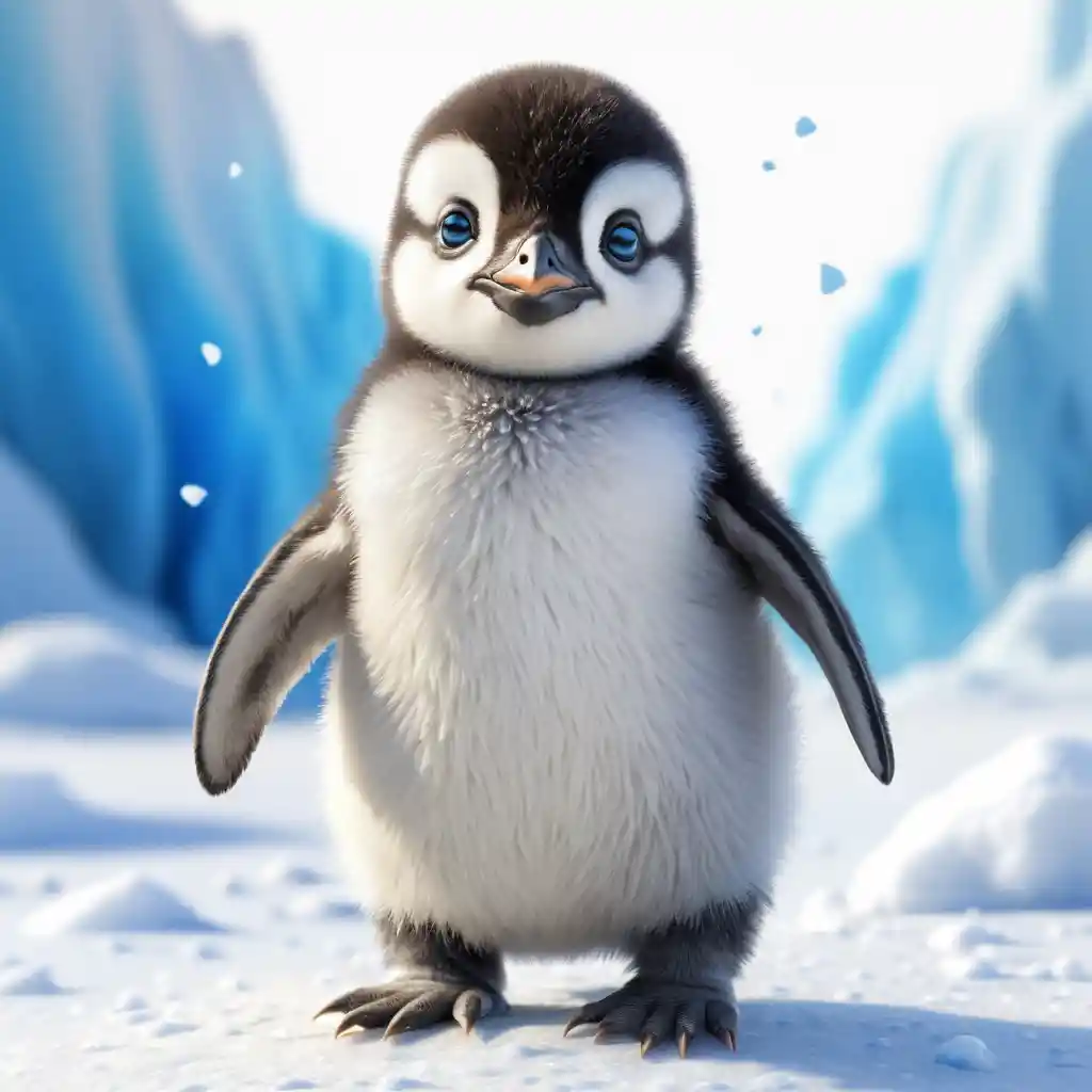 Cute baby penguin with blue eyes in colored pencil style