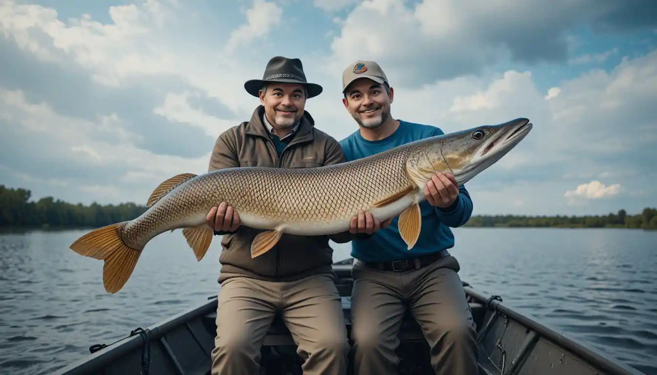 Two fishermen holding a large pike in a small boat