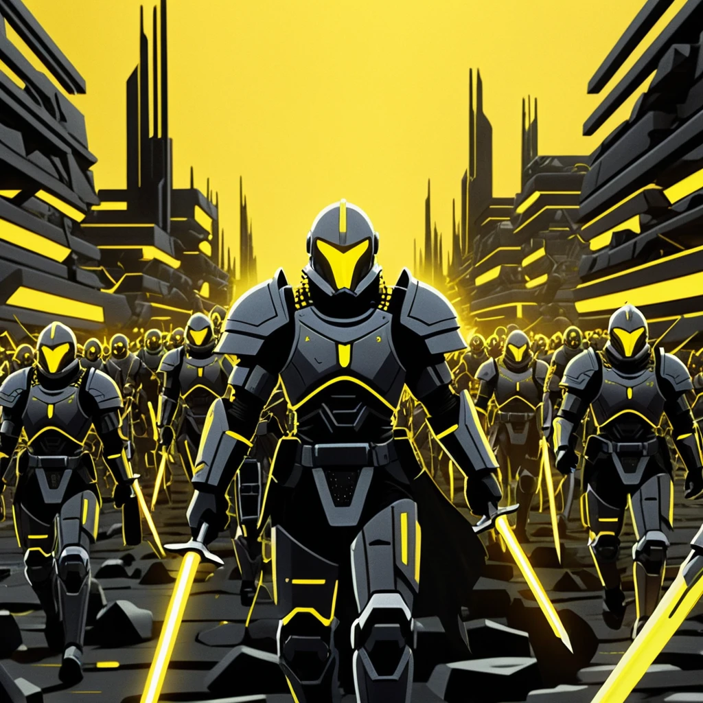 Futuristic robot army marching across ruined wasteland battlefield