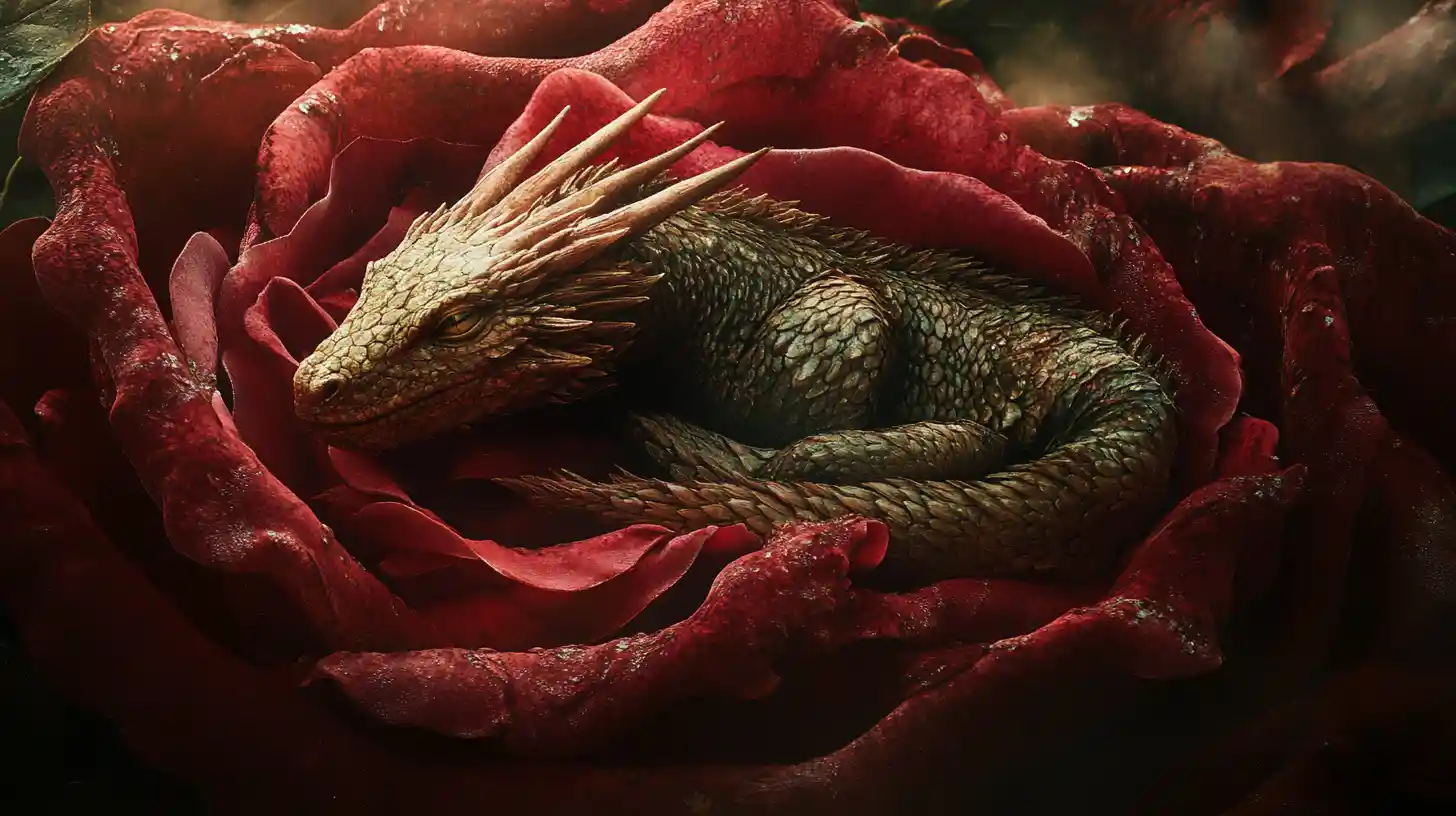 Sleeping dragon formed from a single oversized rose