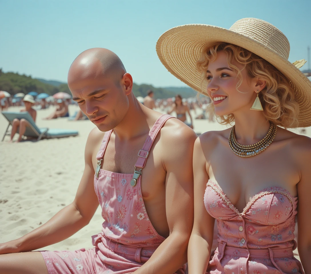 Smiling woman in straw hat relaxing on a sunny beach