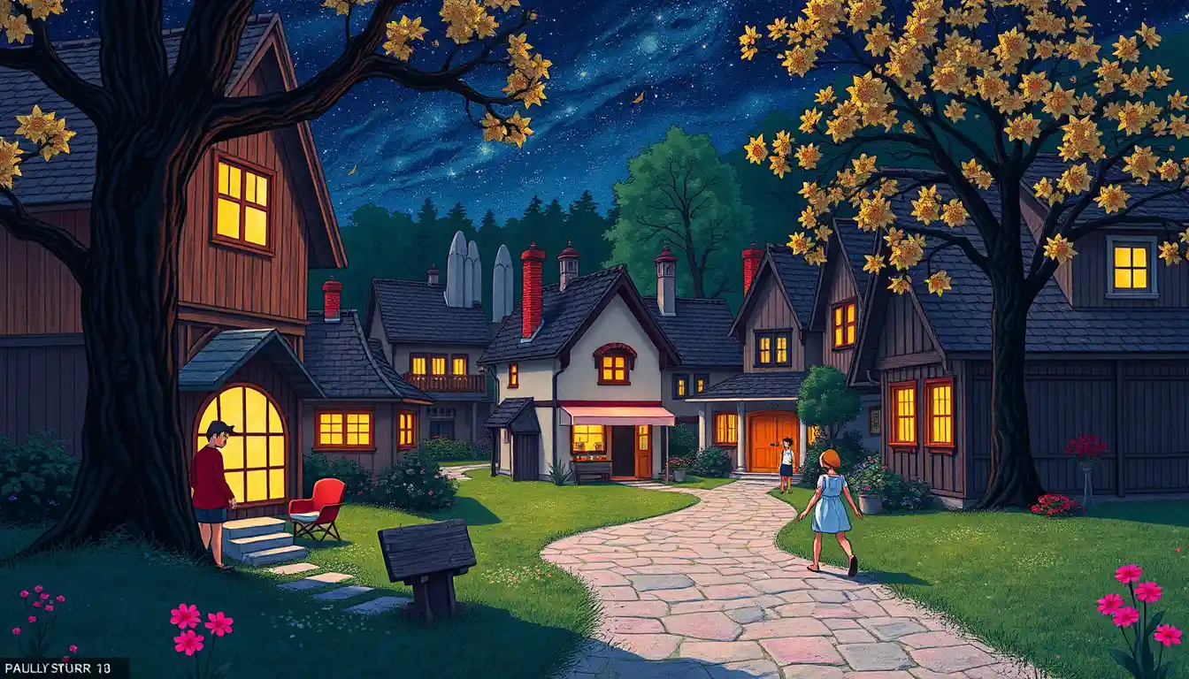 Whimsical neon fantasy characters in a cozy village