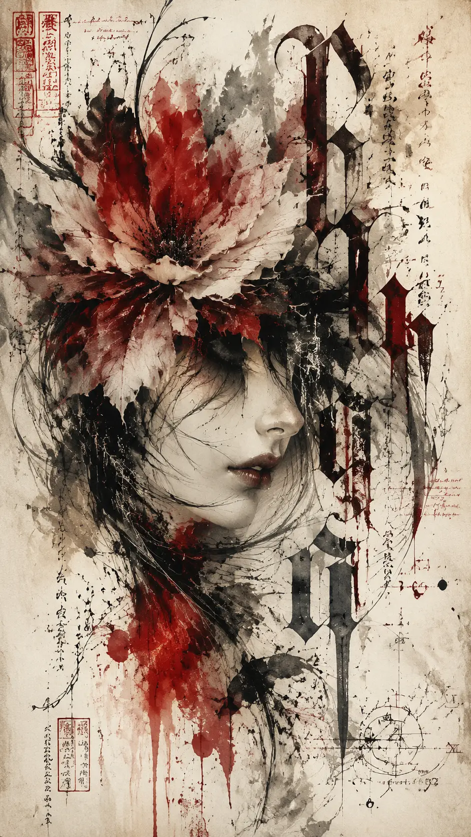Abstract floral calligraphy with fragmented gothic lettering