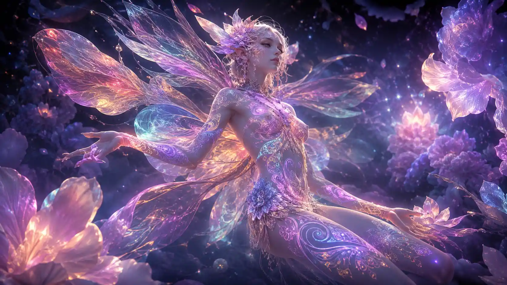 Ethereal fairy with glowing wings in a surreal garden