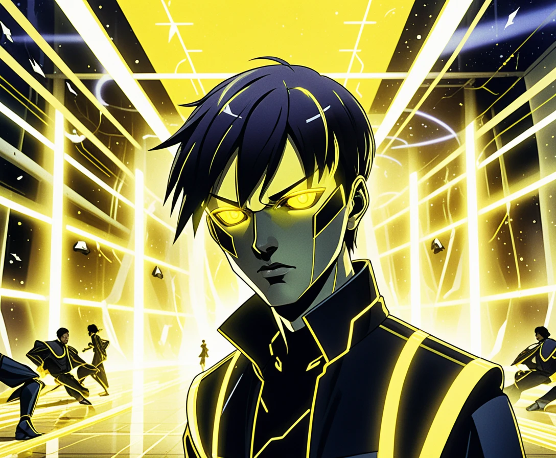 Isekai anime boys in neon sci fi research facility