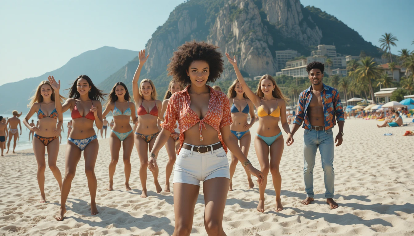 Young friends dancing together on a sunny beach