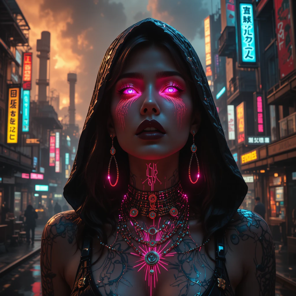 Mysterious cyberpunk woman in neon noir cityscape