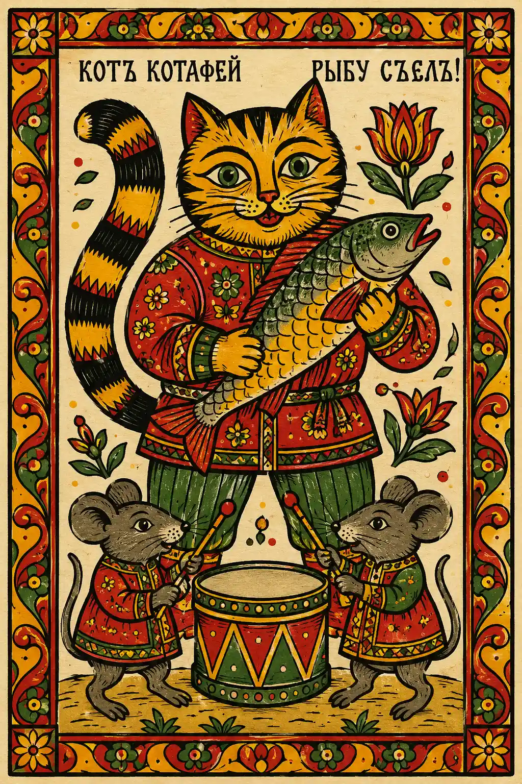 Russian folk style illustration of a cat holding a fish