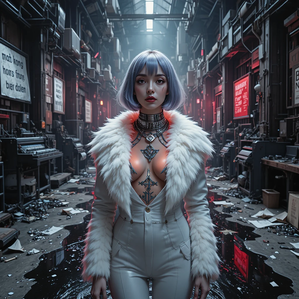 Femme fatale in industrial noir fashion under harsh spotlights