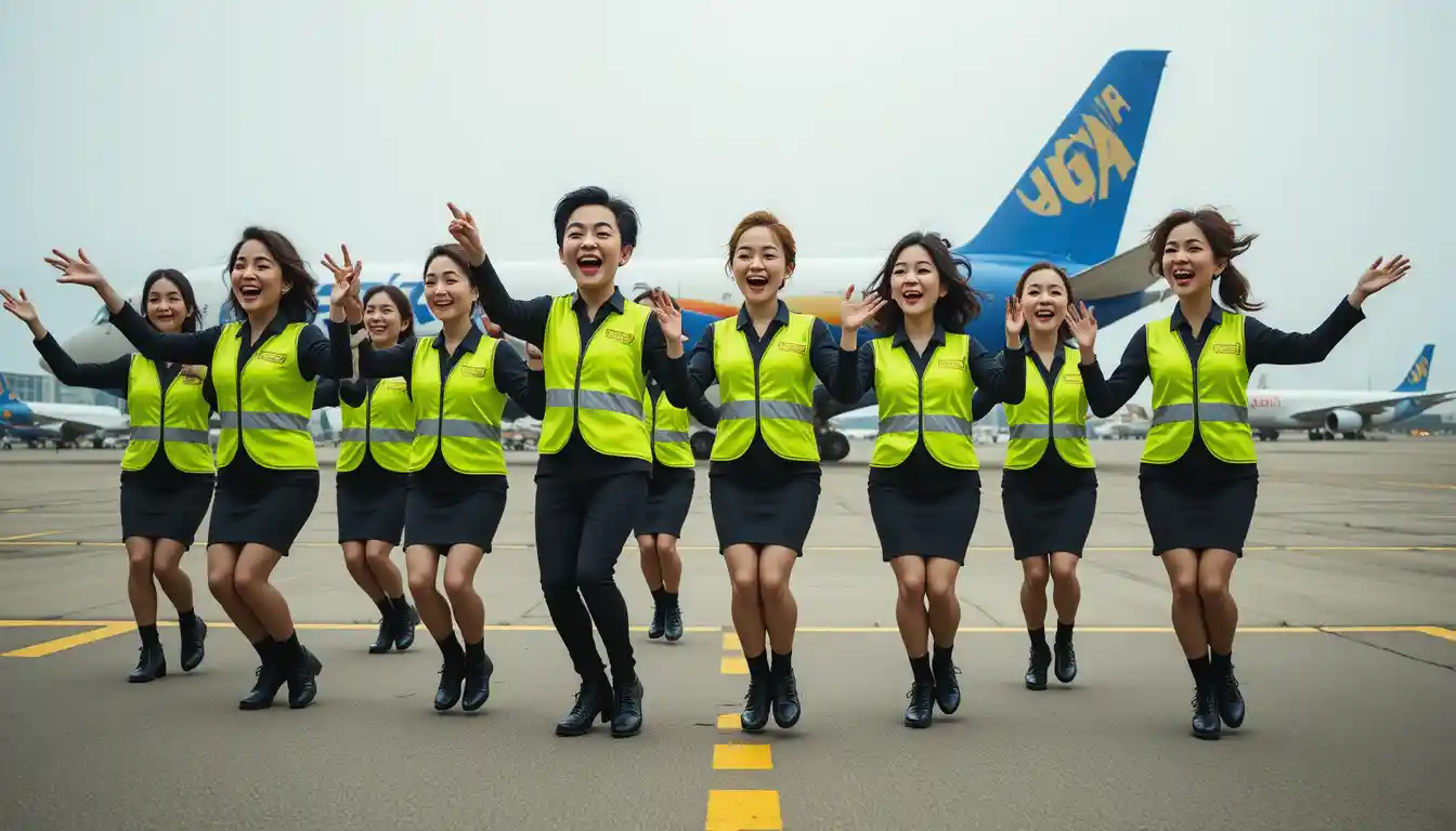 Airport ground crew dancing together beside passenger airplane