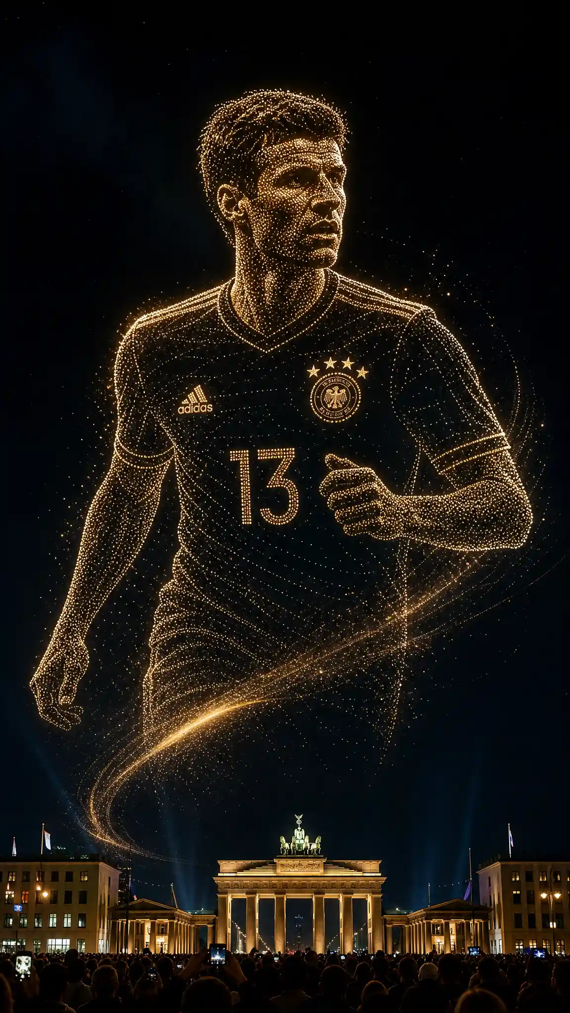 Nighttime drone light show forming a football silhouette