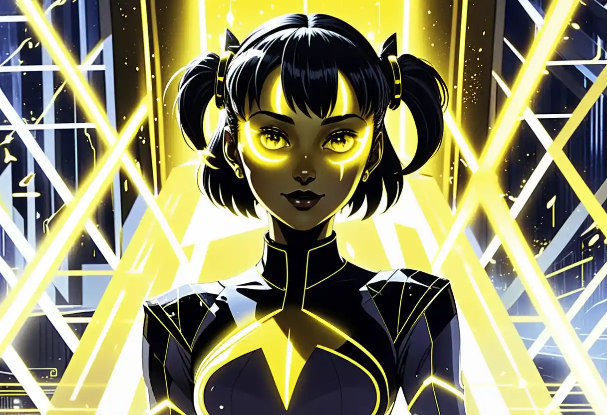 Anime girls in a vast futuristic neon science facility