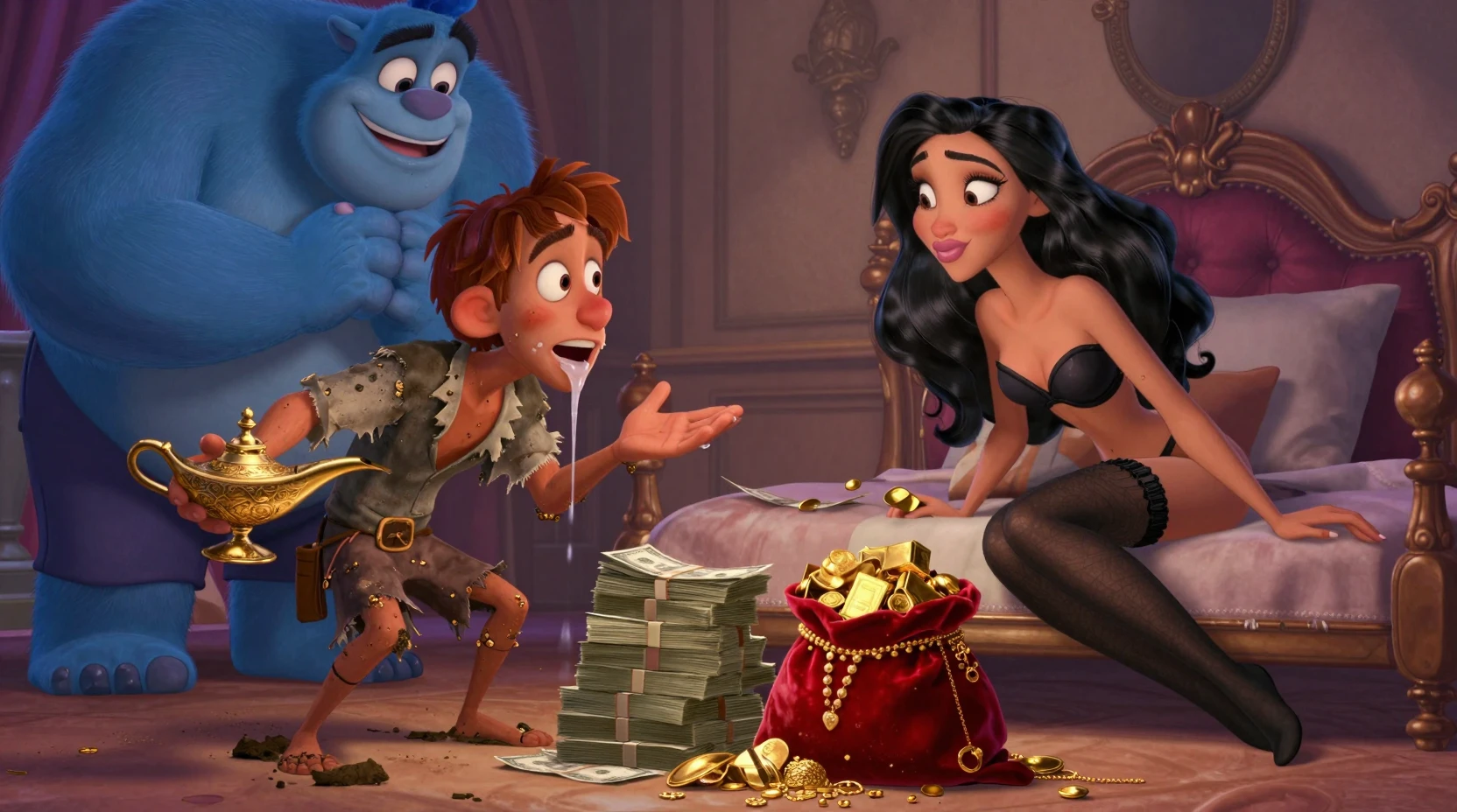 Shocked cartoon man facing a friendly blue genie