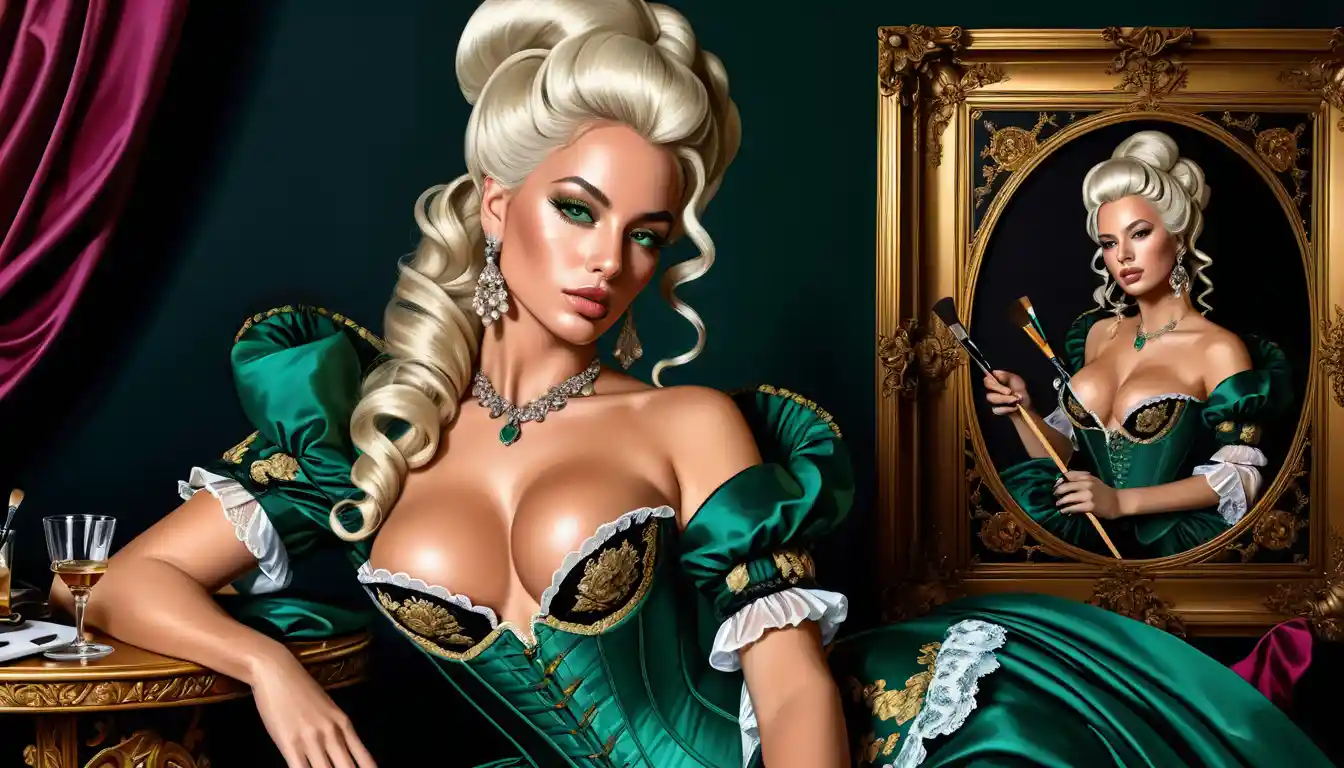 Sensual noble woman painting in a dark baroque room
