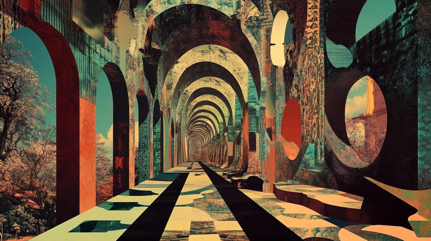 Surreal geometric dreamscape of fragmented shapes and void