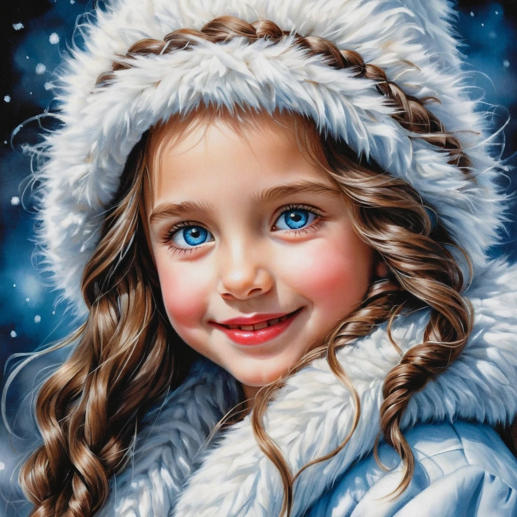 Smiling Winter Girl In White Fur Coat And Hat