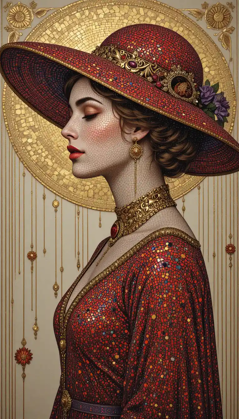 Pointillist side profile portrait of a woman in red hat
