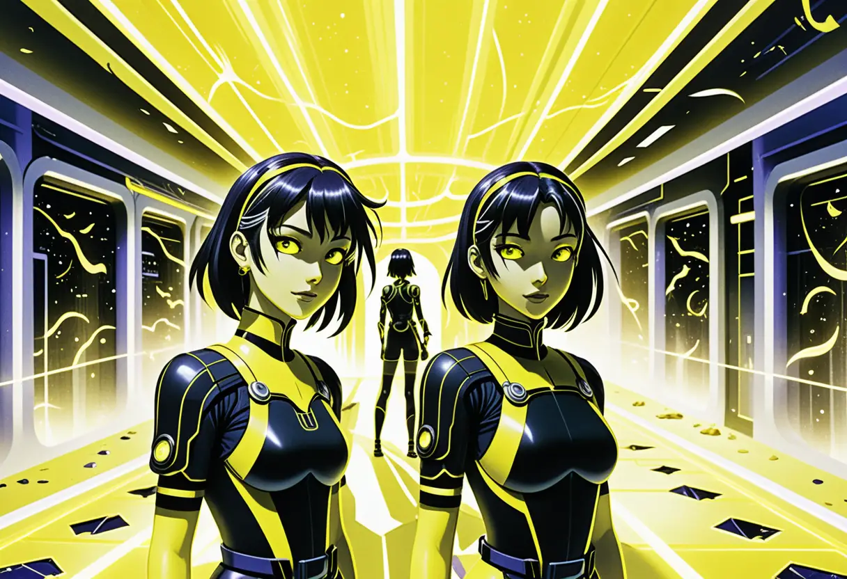 Ragazze anime in una struttura sci‑fi luminosa avvolta dalla nebbia