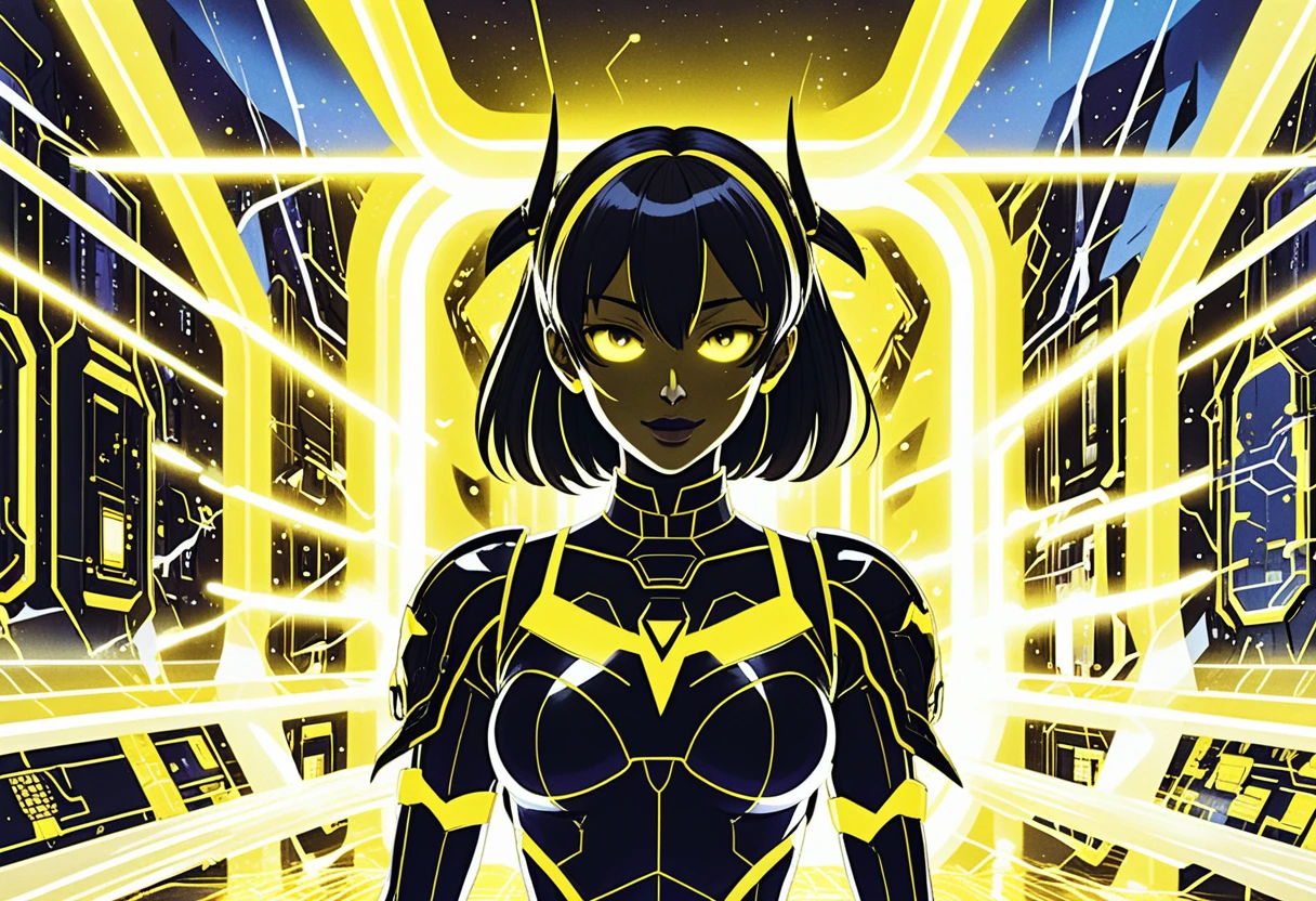 Anime girls in neon sci fi facility with glowing yellow light