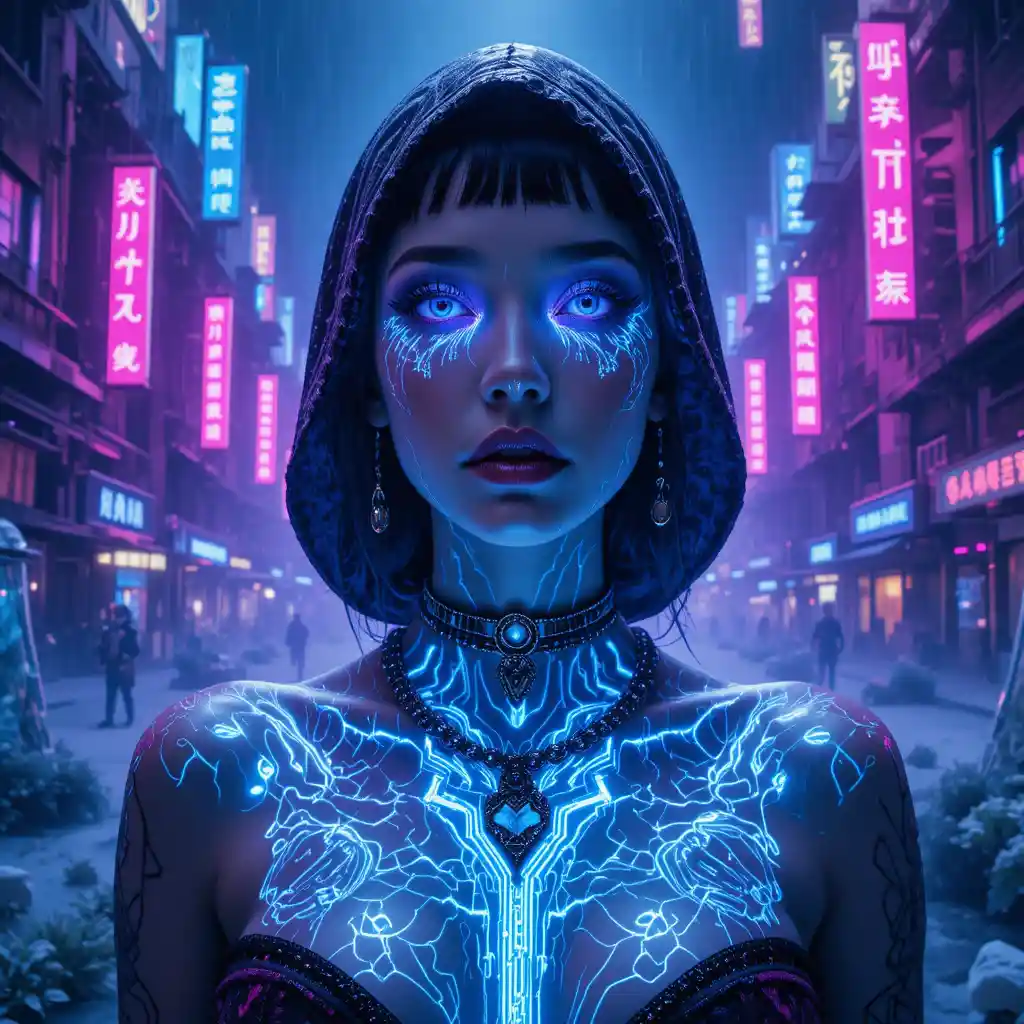 Noir femme fatale portrait with glowing cybernetic tattoos