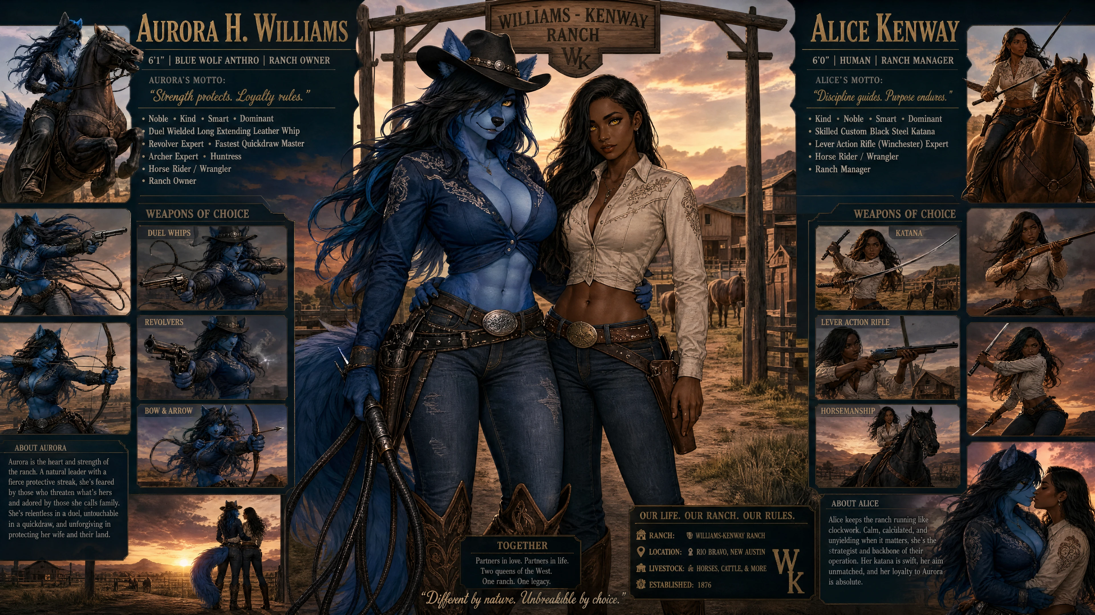Anthro wolf cowgirl with whip and revolver beside her wife