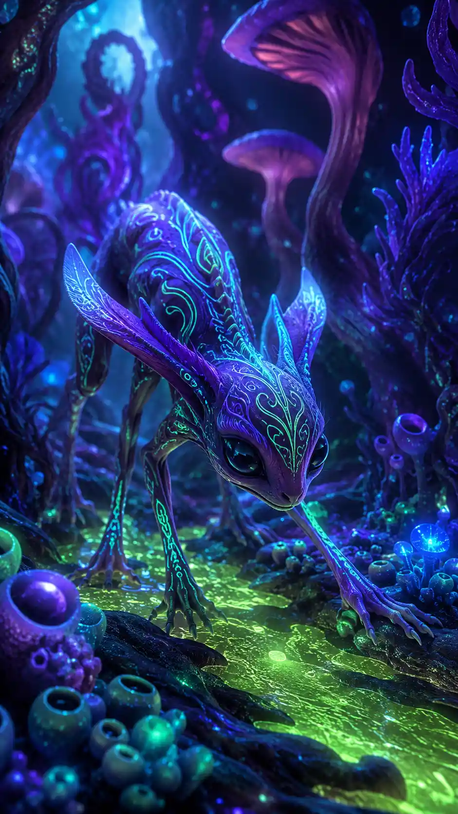 Glowing Fantasy Creature Amid Abstract Organic Forms