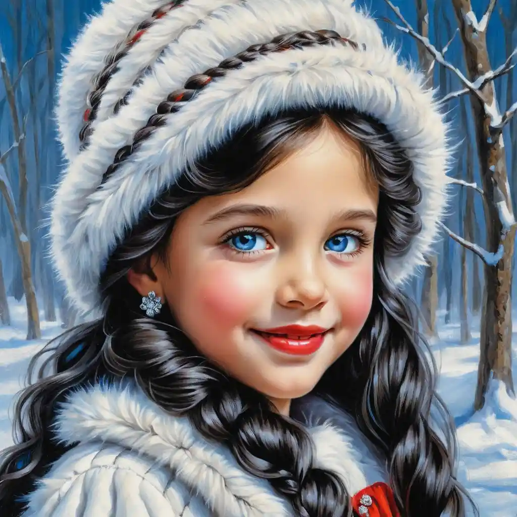 Smiling Winter Girl In White Fur Coat Illustration