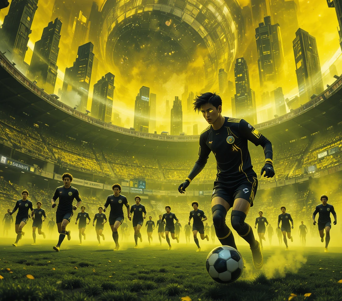 Futuristic soccer match in a colossal sci fi stadium