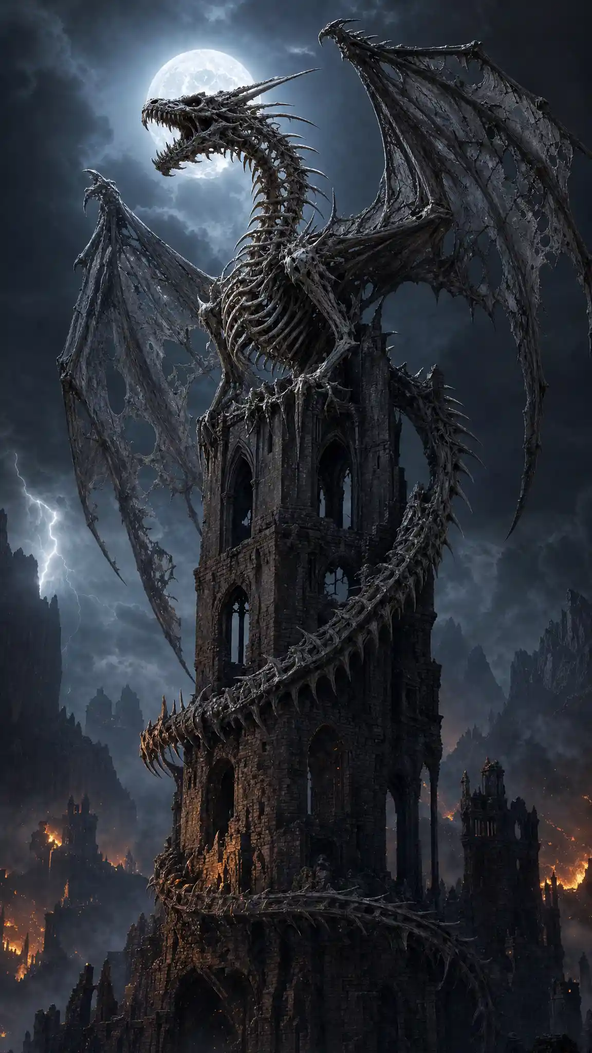 Skeletal dragon looming over a ruined gothic tower at night