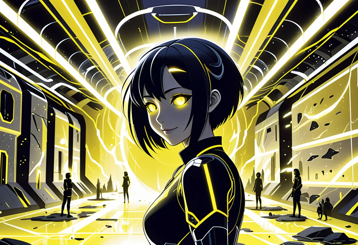 Anime girls in a glowing sci fi research facility