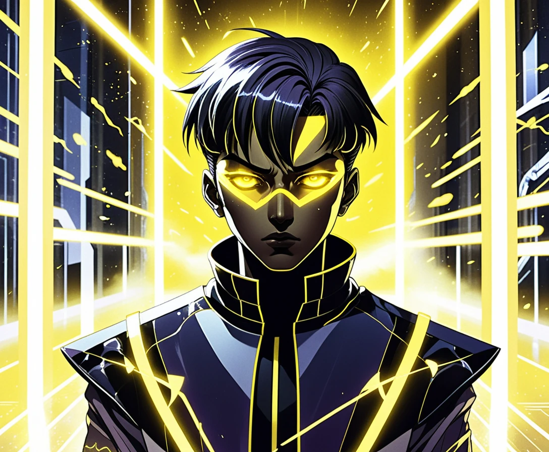 Futuristic anime boys in a glowing sci fi facility