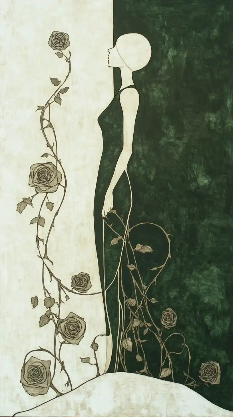 Serene female figure entwined with stylized vines and roses