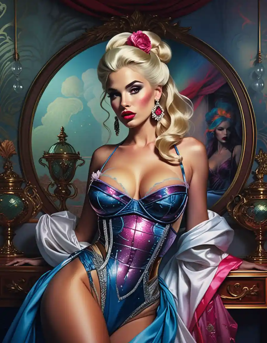 Platinum blonde courtesan in baroque couture pinup pose