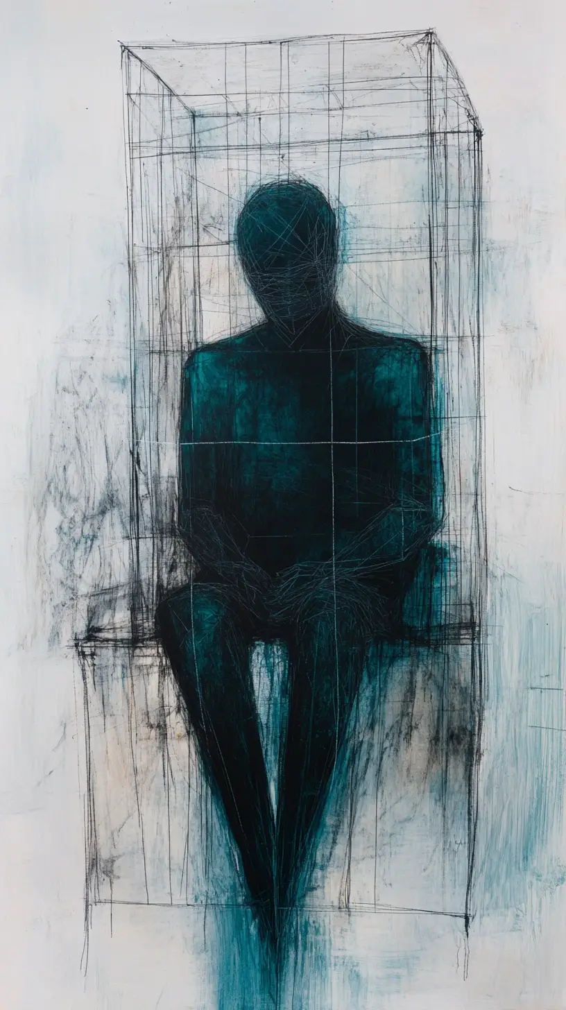 Surreal abstract portrait emerging from layered glyph like forms