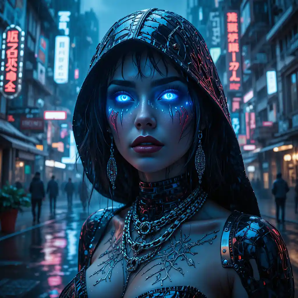 Futuristisches Femme-fatale-Porträt in einer neonbeleuchteten, verregneten Stadt