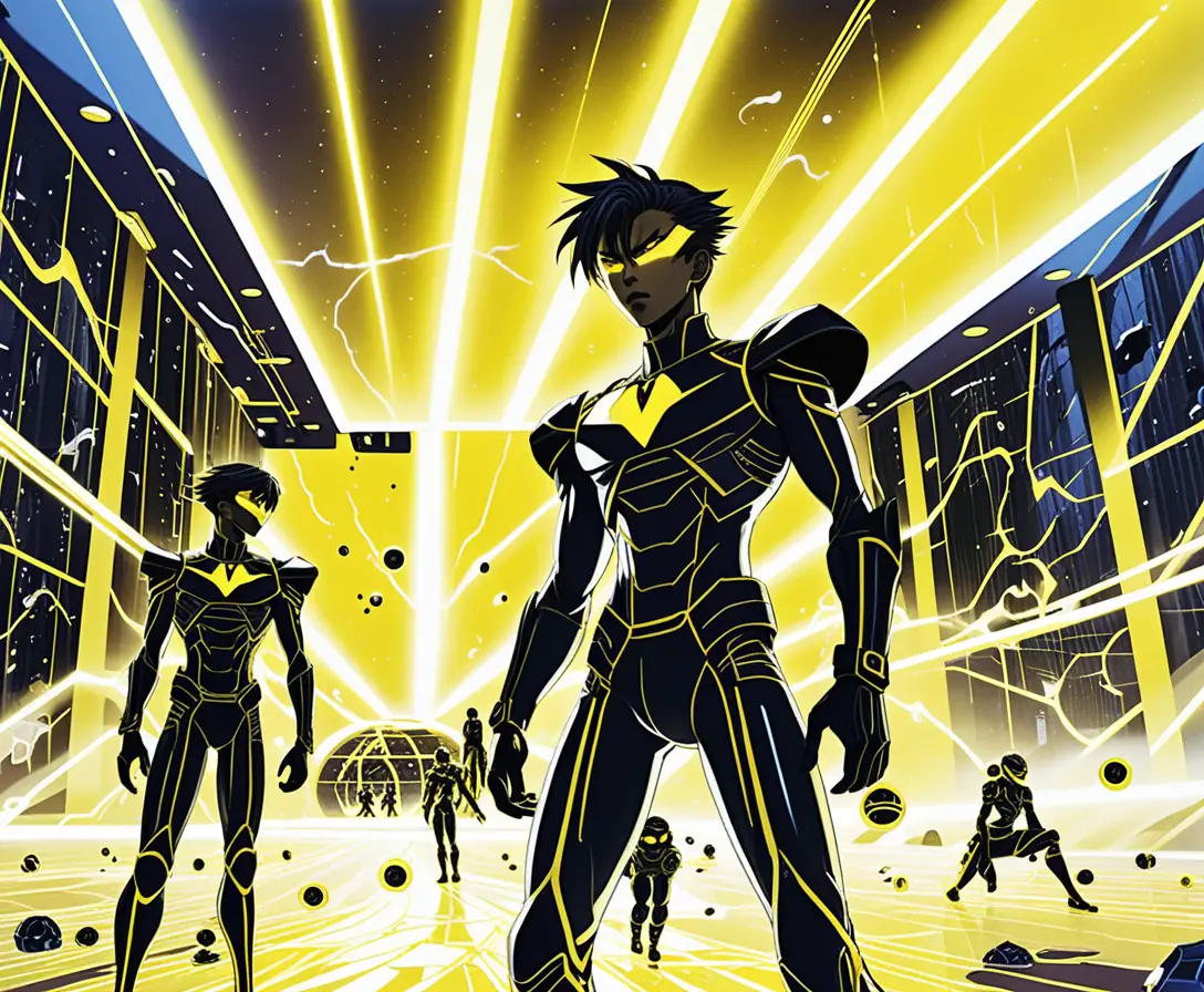 Ragazzi anime futuristici in una struttura sci-fi illuminata al neon