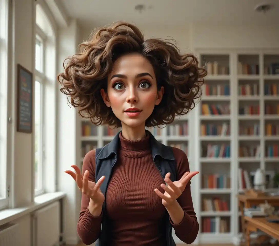 Middle aged woman gesturing in a bright home library