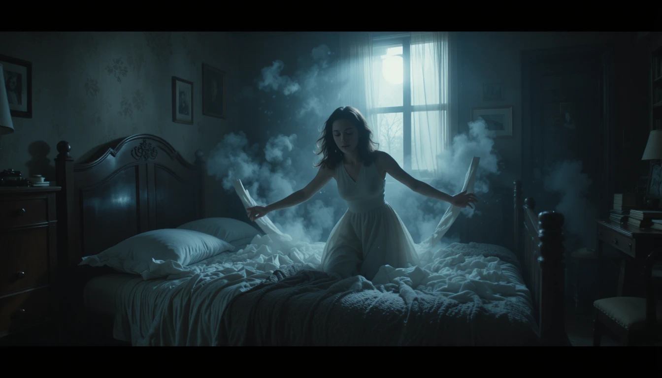 Terrified girl levitating above bed in dark bedroom