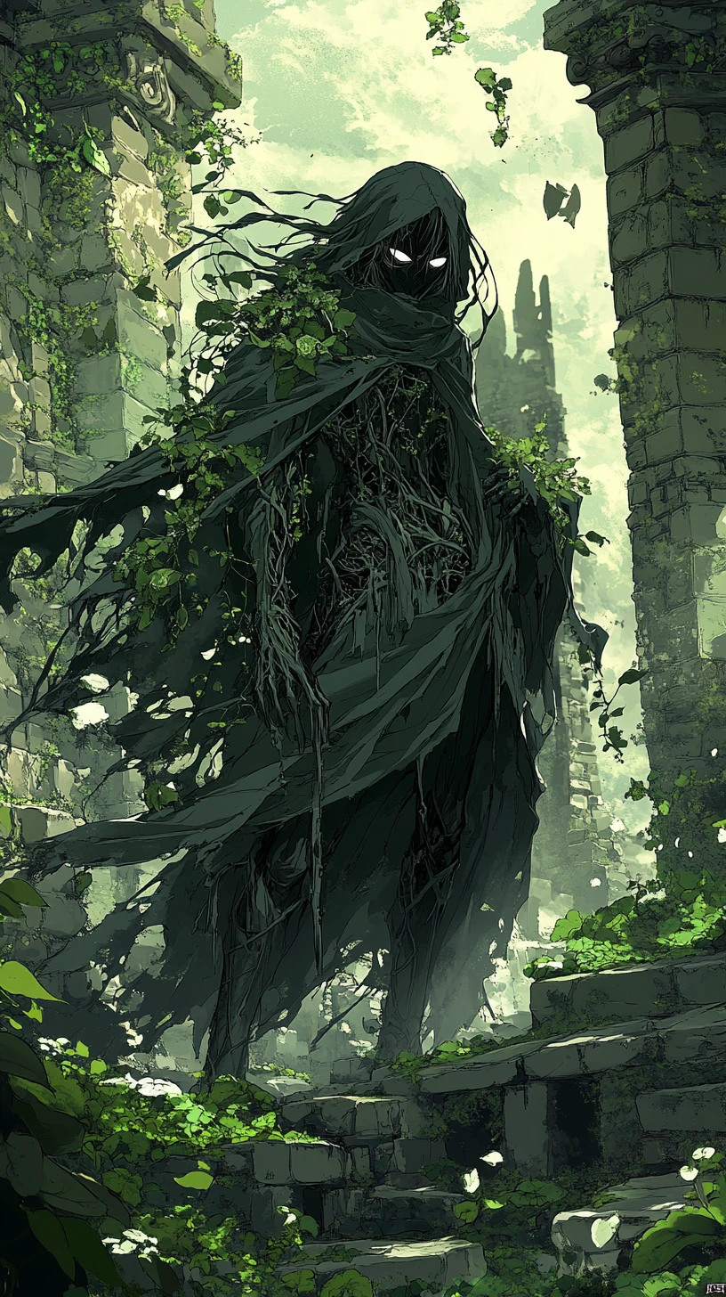 Anime reaper woman in overgrown ruins with drifting petals