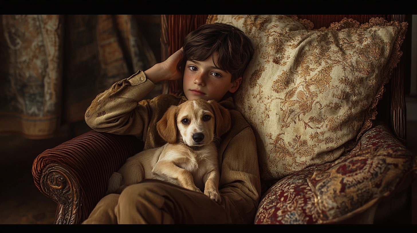 Boy and puppy sitting quietly on a velvet sofa