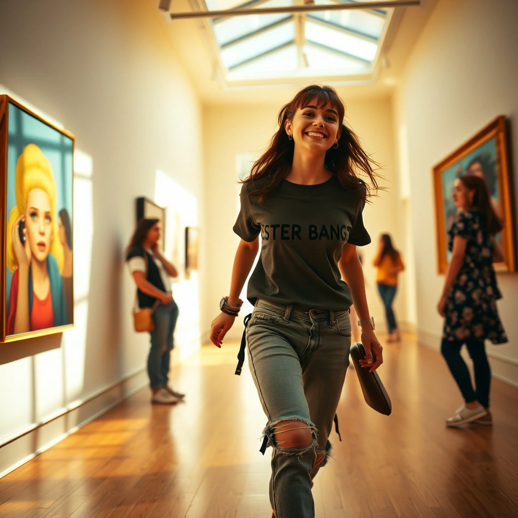 Young woman rushing through a sunlit modern art gallery