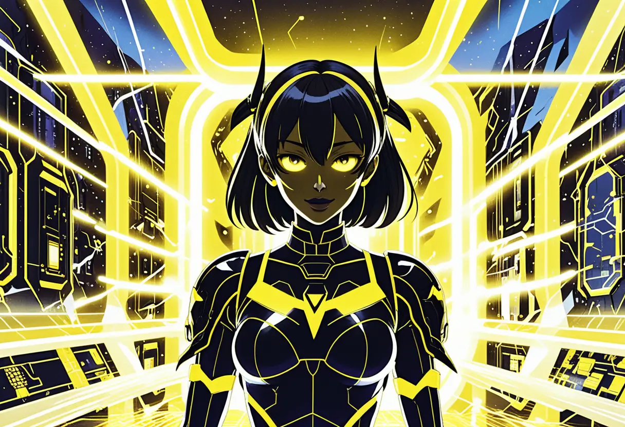 Anime girls in neon sci fi facility with glowing yellow light