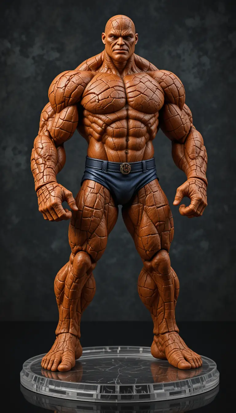 Orangefarbene Fels-Superhelden-Actionfigur auf Acryl-Display-Sockel