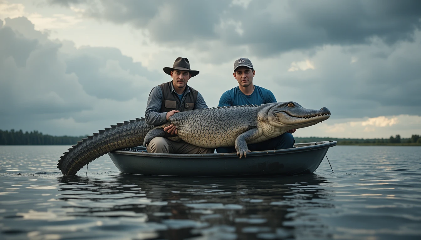 Two men holding a large alligator gar on a calm lake