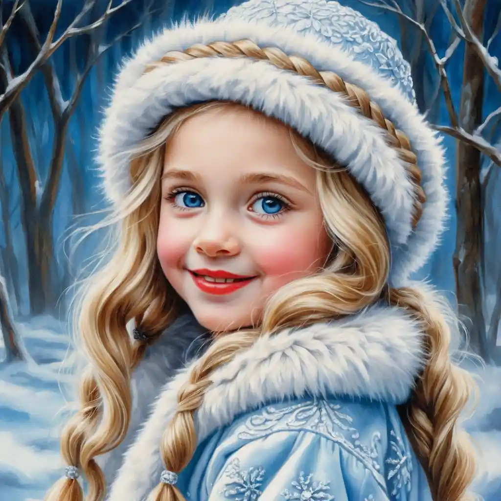 Smiling blonde girl in white winter fur coat portrait