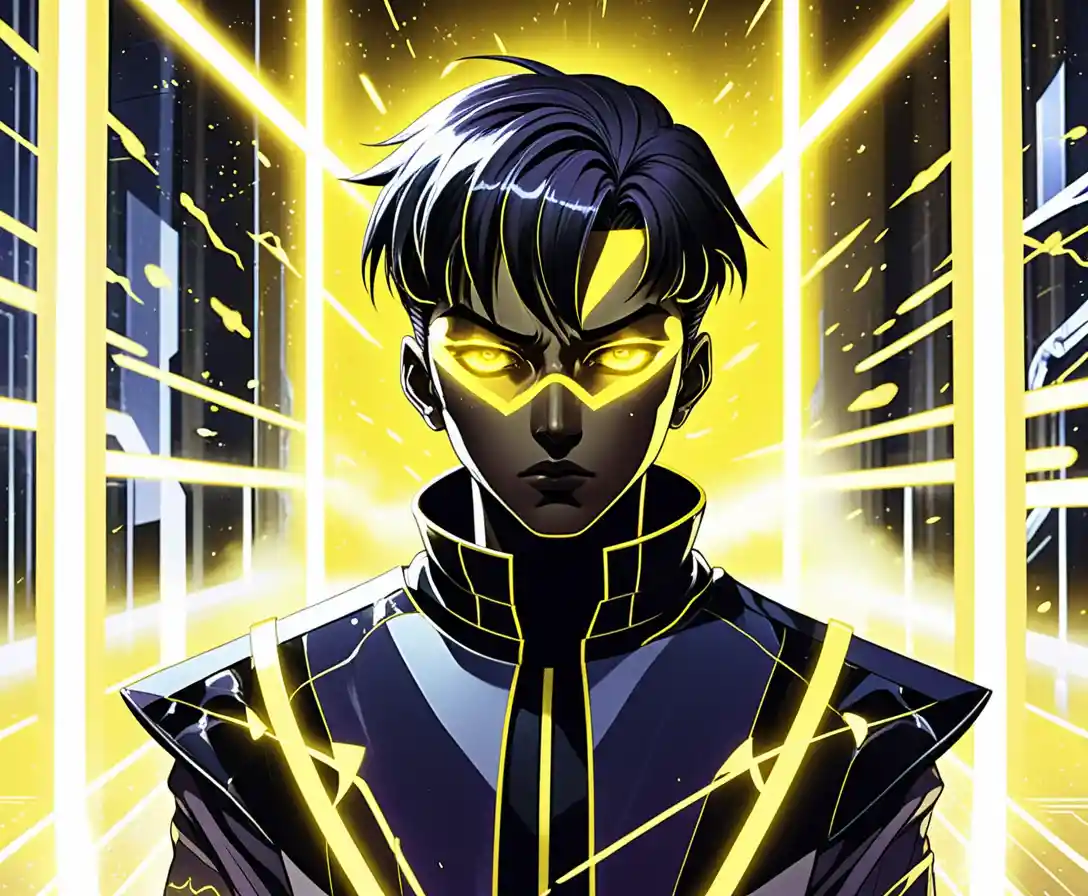 Futuristic anime boys in a glowing sci fi facility