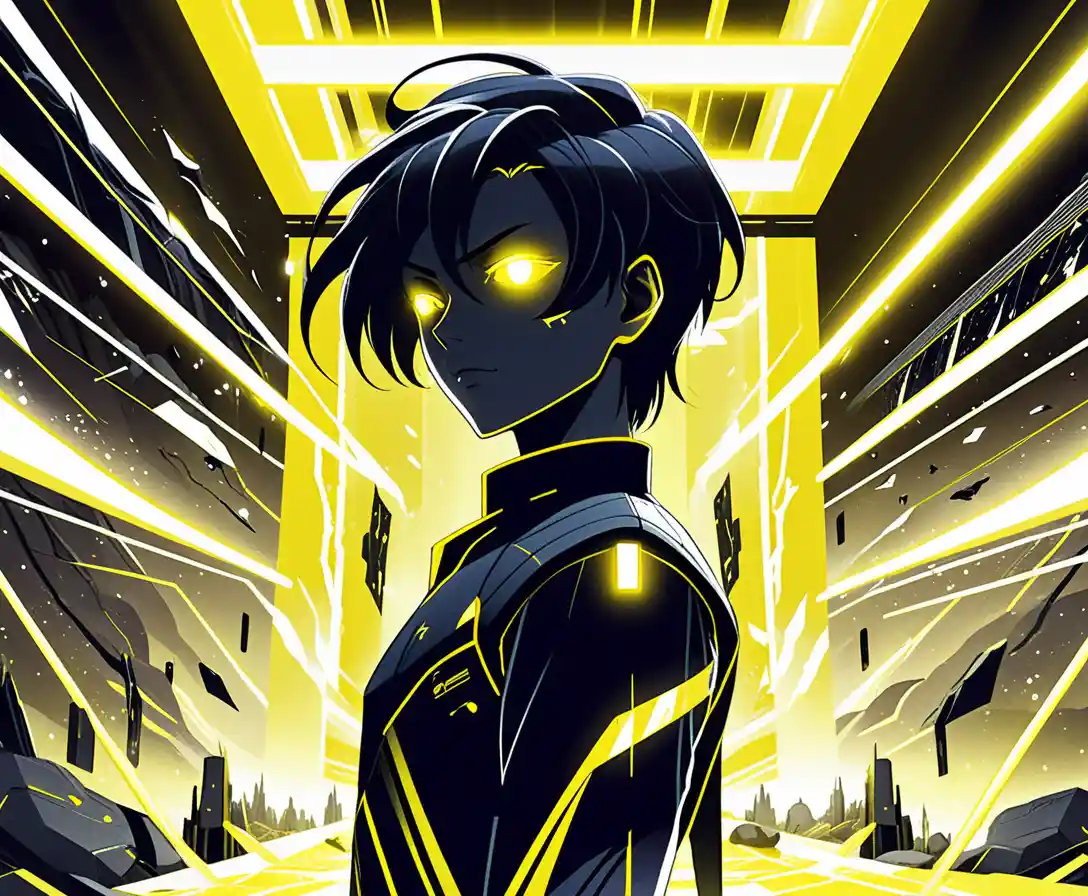 Isekai anime boy in neon lit sci fi facility
