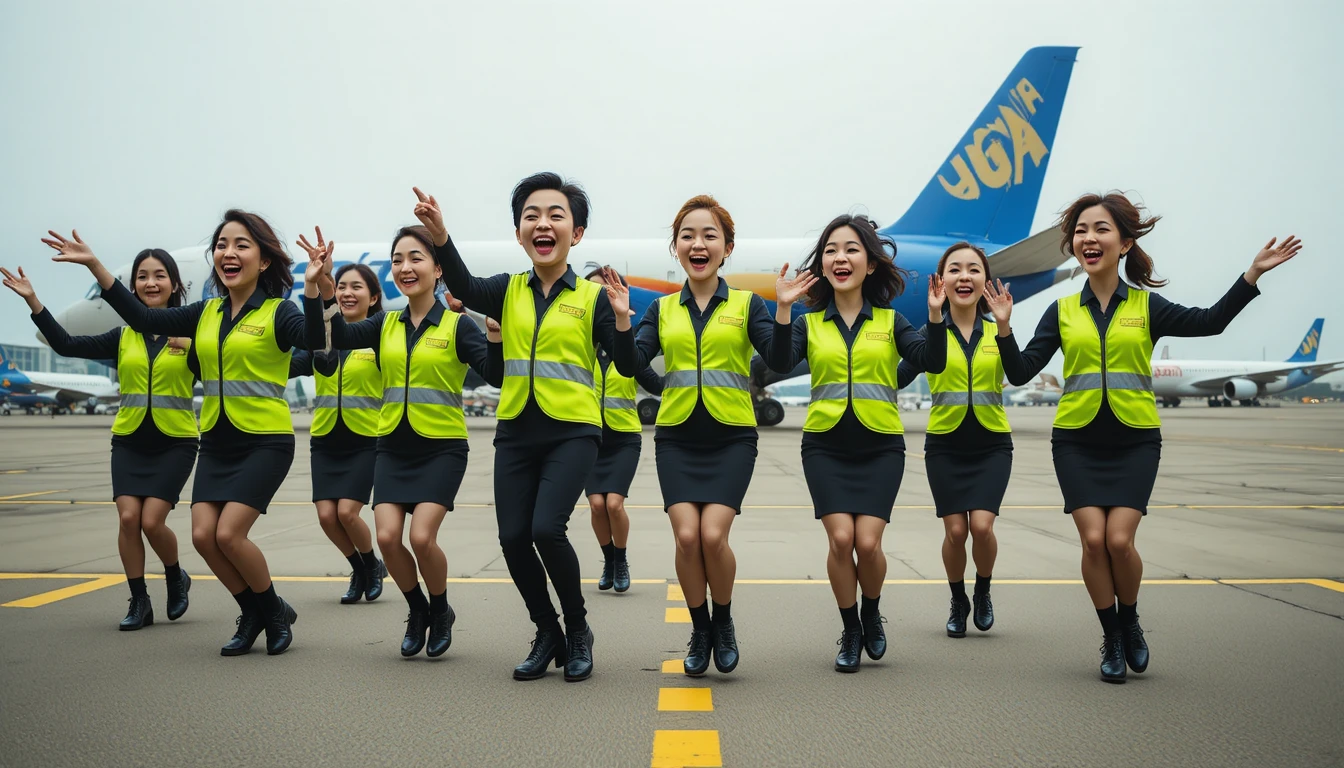 Airport ground crew dancing together beside passenger airplane